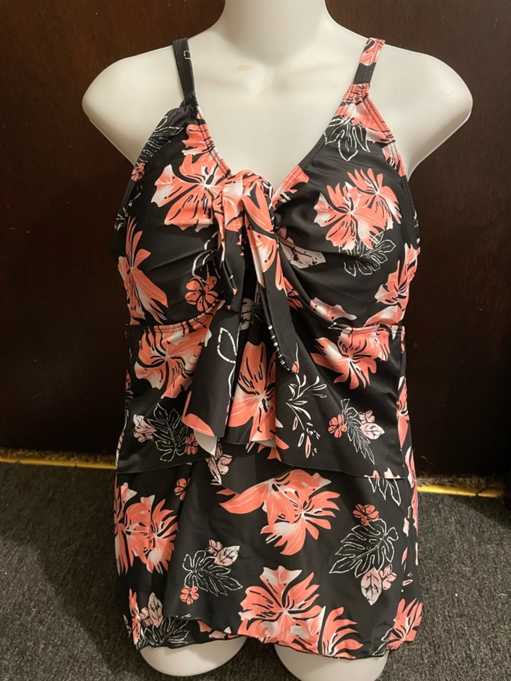 Source Unknown Women's XL NWOT Orange & Black Floral Ruffle Tankini Swimsuit Set